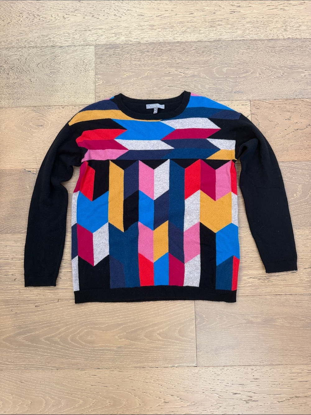 Neiman Marcus Black Cashmere Crewneck Sweater with Multicolor Geometric Pattern